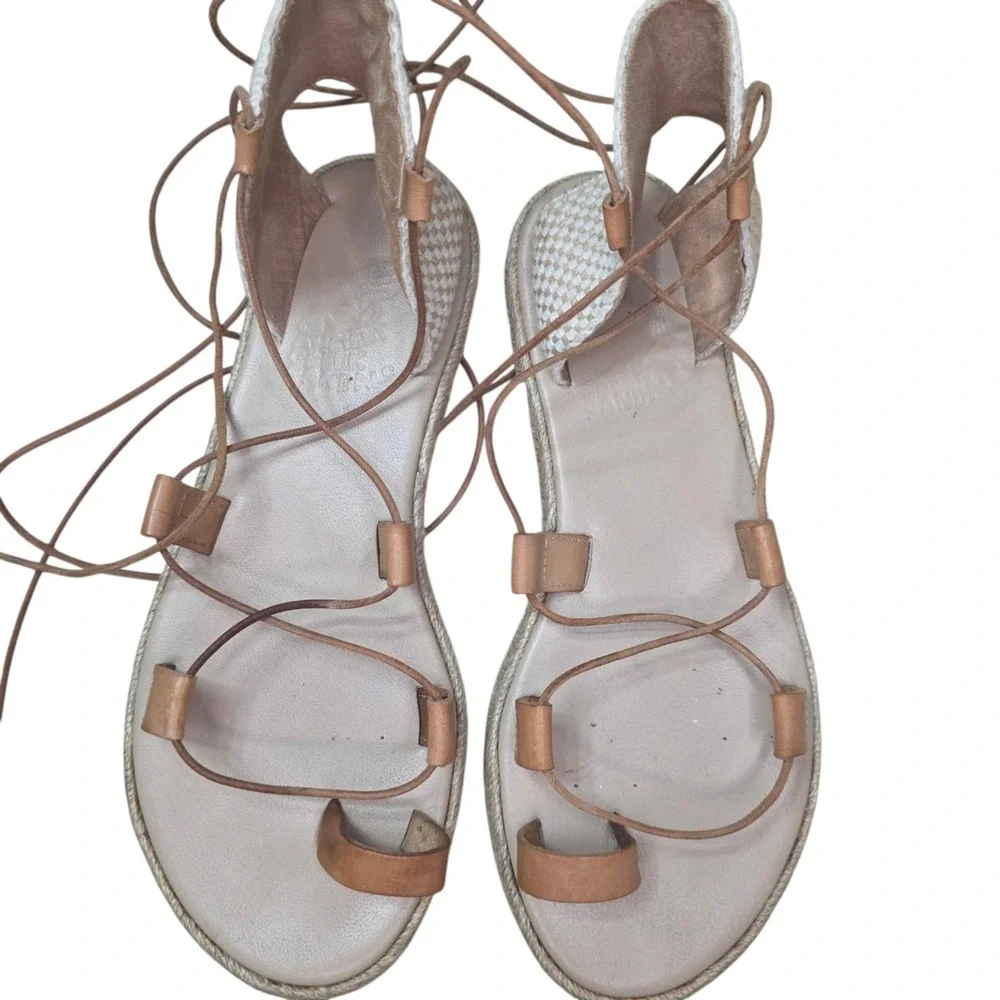 Ancient Greek Sandals Womens 38 Leather Lace Up Gladiator Espadrille Tan